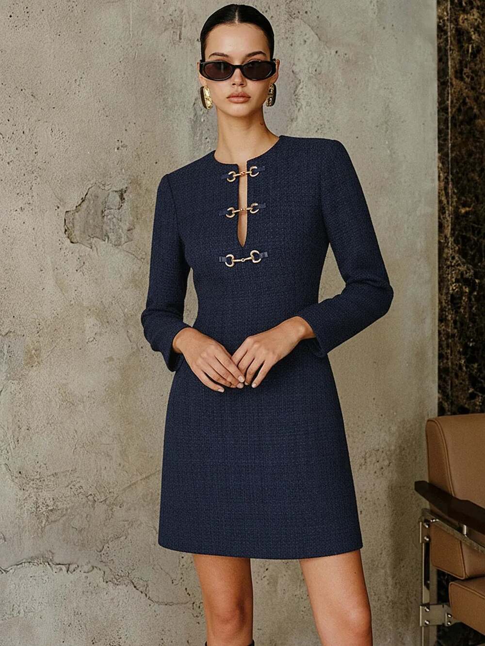 Commense Metal Buckle Tweed Mini Dress